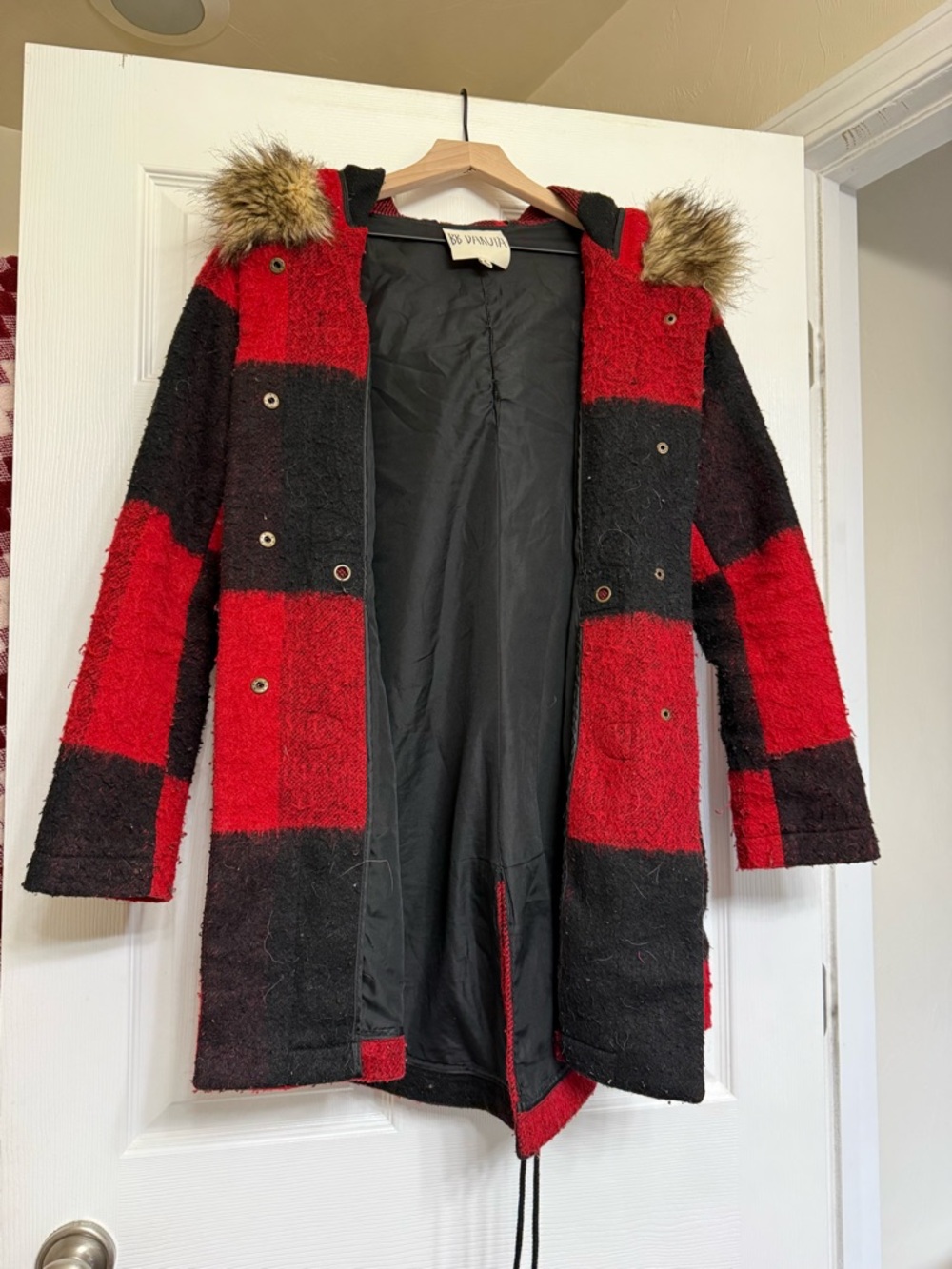 BB Dakota Red & Black Plaid Hooded Coat with Faux Fur Trim